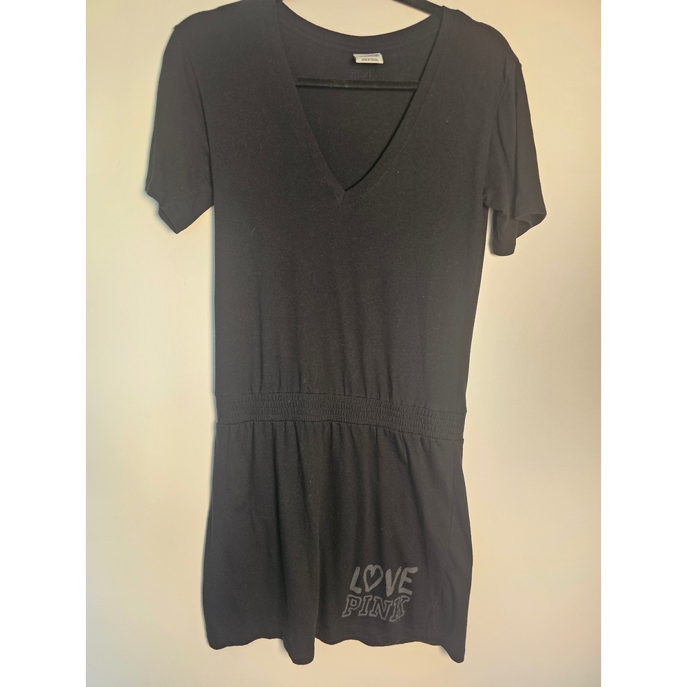 Athleisure Victoria's Secret PINK T-Shirt Dress Womens S Black V-Neck Mini Logo